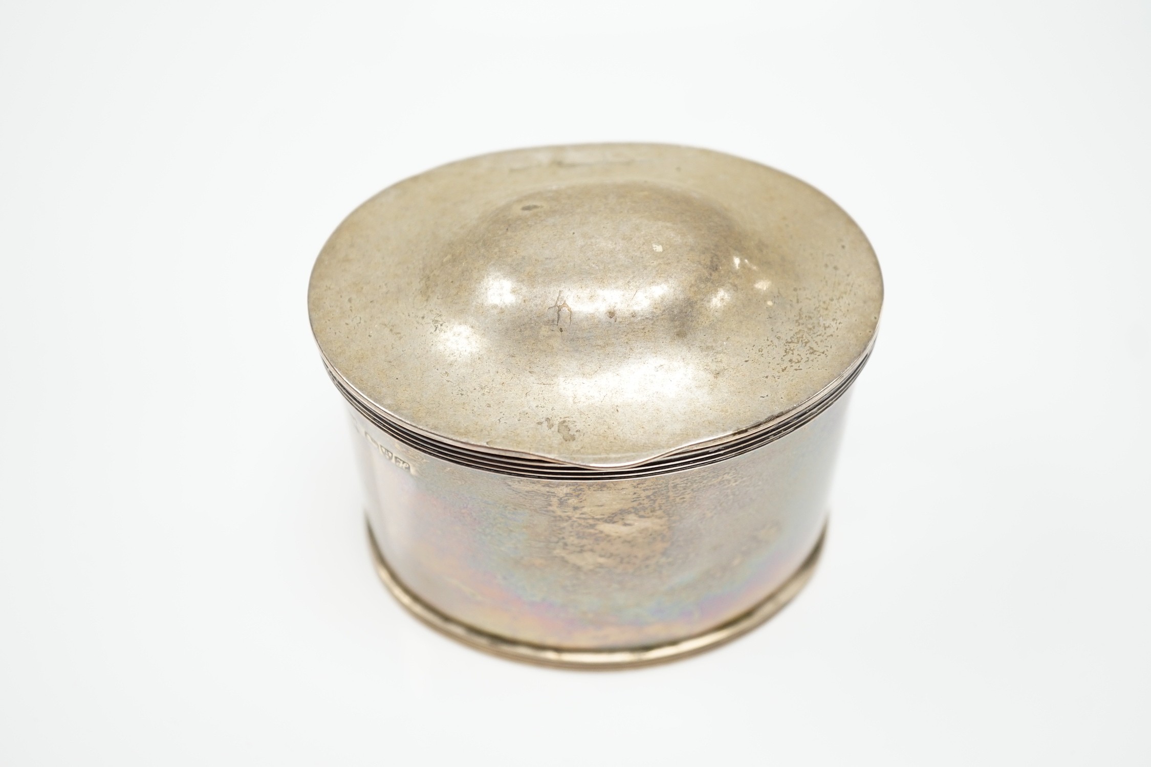 An Edwardian silver oval tea caddy, S. Blanckensee & Sons Ltd, Chester, 1908, height 83mm, 6.8oz.